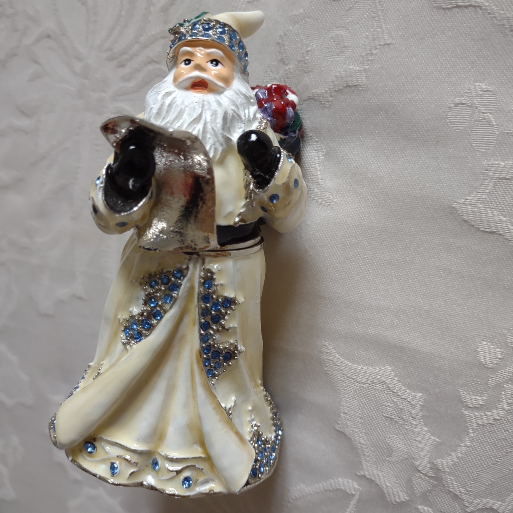 St Nicholas White Santa Blue Crystals Jewelry Box & Pendant Silvertone Necklace